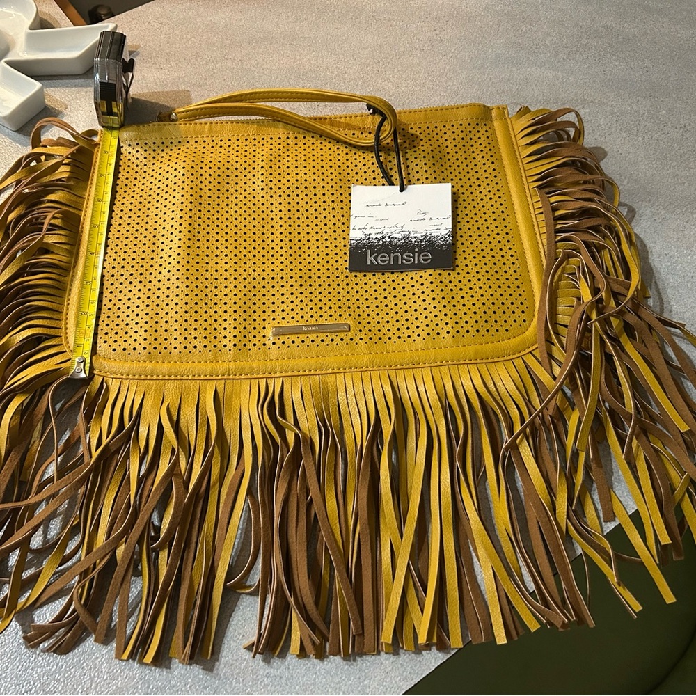 Kensie Yellow and Brown Fringe Clutch